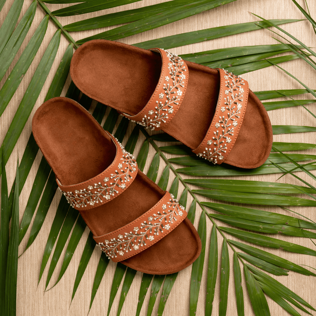 Tan Embroidered Sliders