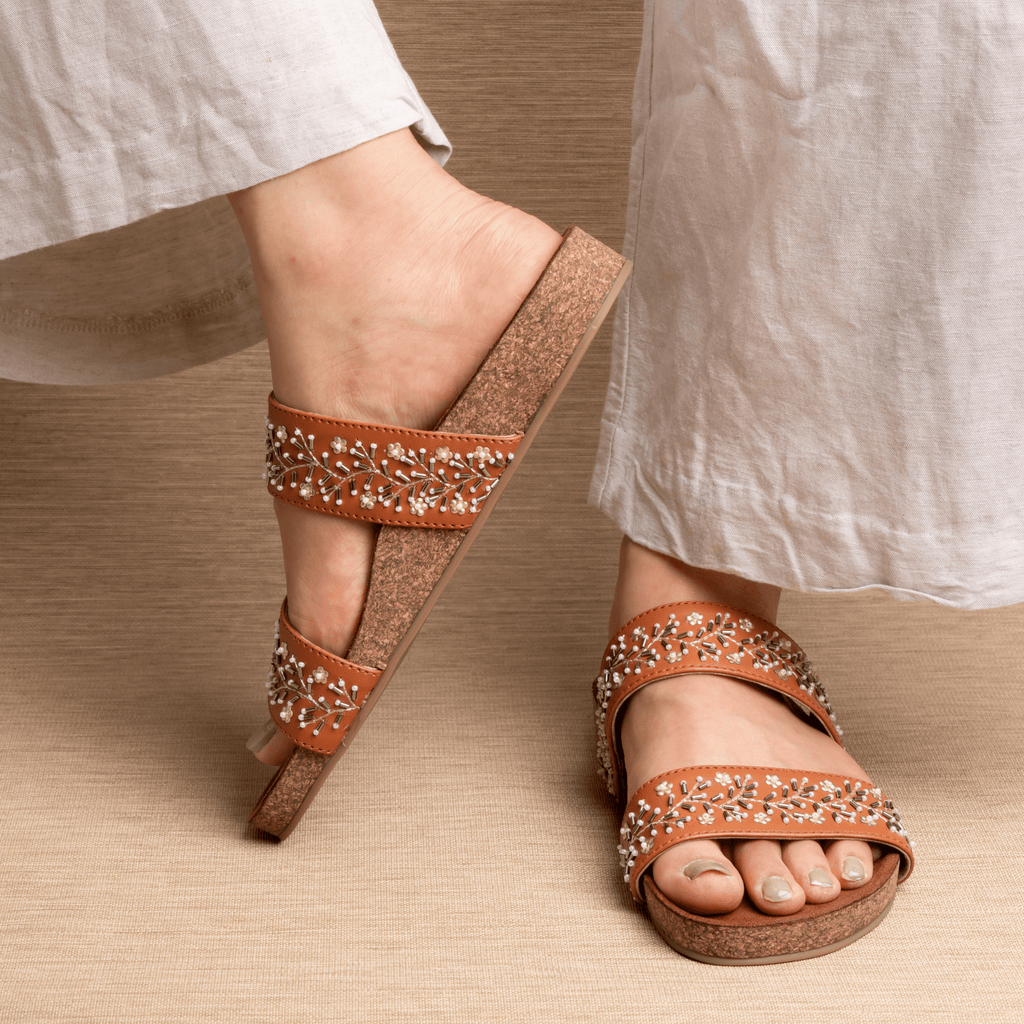 Tan Embroidered Sliders