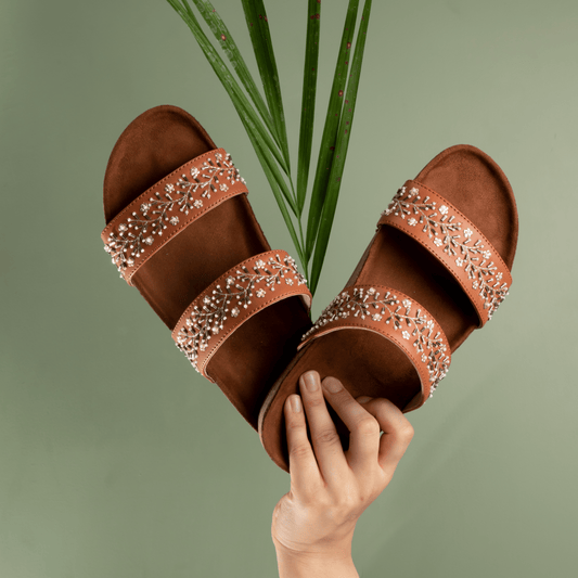 Tan Embroidered Sliders