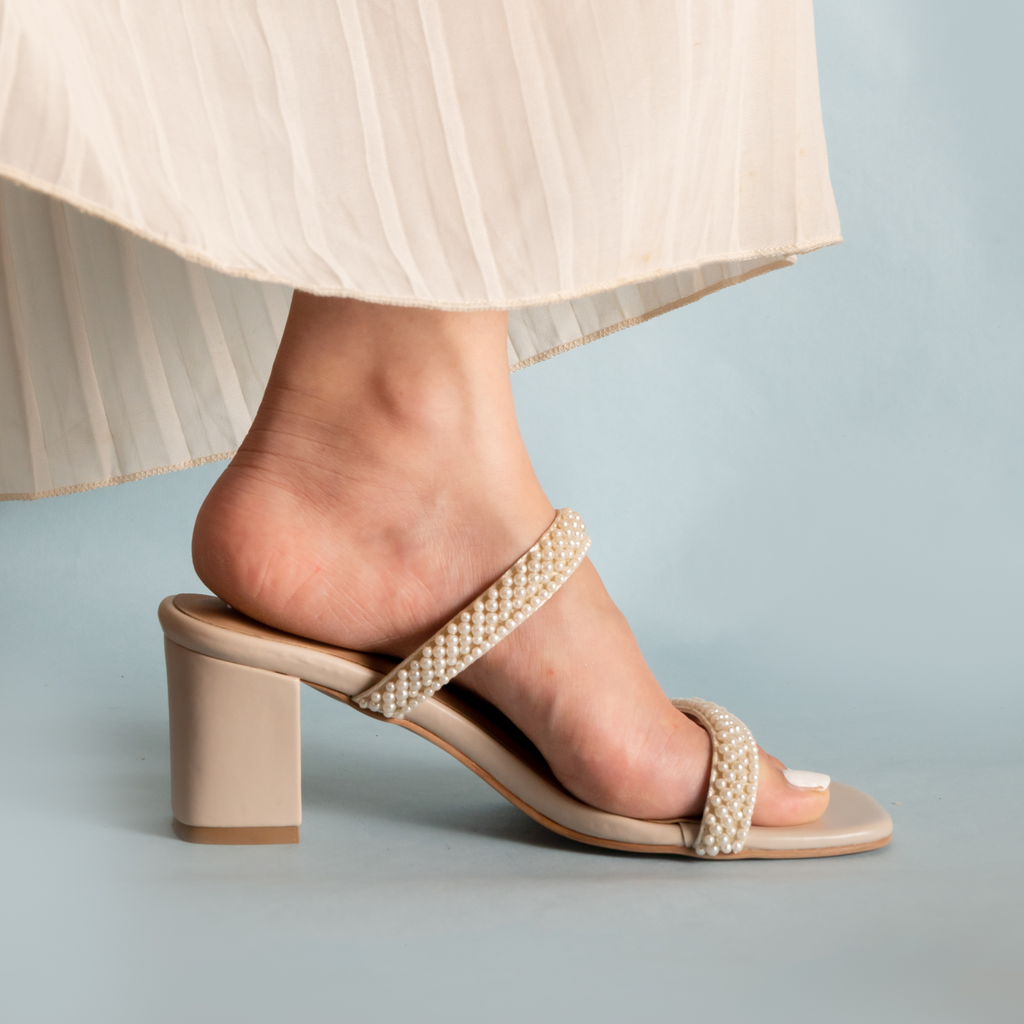 Pearl Embellished Two Strap Heels