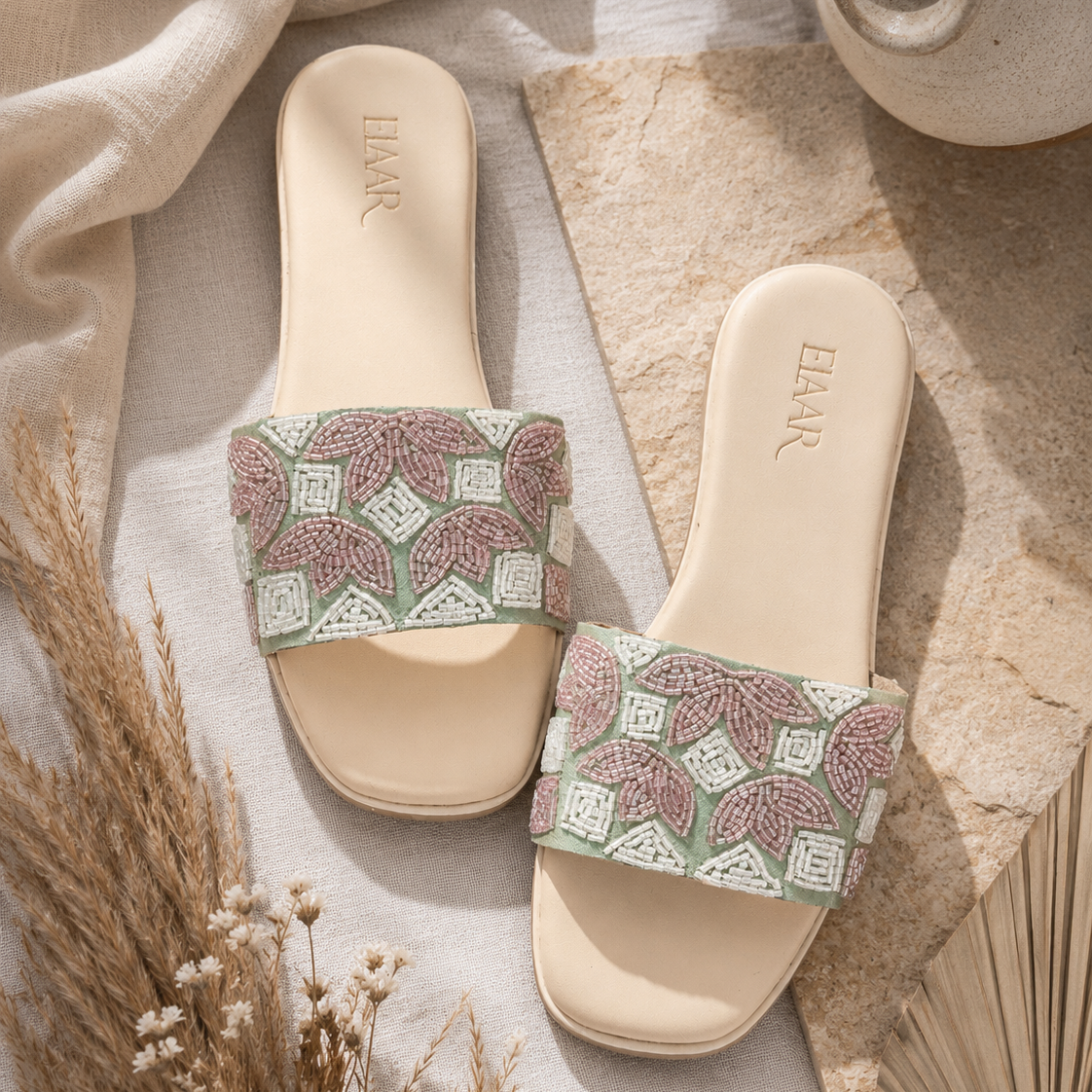 Mint Green Lotus Embroidered Flats